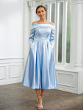 Katie A-Line/Princess Elastic Woven Satin Ruched Off-the-Shoulder Long Sleeves Tea-Length Mother of the Bride Dresses STGP0020269