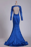 2024 Royal Blue Prom Dresses Long Sleeves Mermaid/Trumpet Satin With PCZZZM98