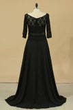 2024 Black Mother Of The Bride Dresses 3/4 Length Sleeve A Line Chiffon & Lace Sweep PPRLCCX8