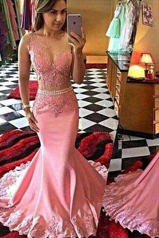 Pink Lace Mermaid Long See Through Sleeveless Beads V-Neck Cheap Party Prom Dress