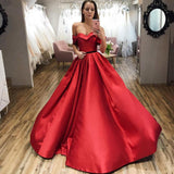 Red Ball Gown Off the Shoulder V Neck Satin Prom Dresses, Evening STG20432