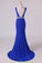 2022 Open Back Column Prom Dresses V Neck Dark Royal Blue Beaded Waistline Sweep P65N6EEB