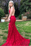 Mermaid Red Lace Backless V Neck Long Prom Dresses Cheap Evening Dresses