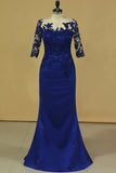 2024 Bateau Dark Royal Blue Mother Of The Bride Dresses 3/4 Length Sleeve With Applique Satin Dark Royal PRJDQM4H
