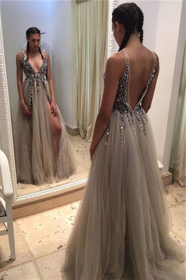 2022 New Arrival V Neck Open Back Prom Dresses A Line Tulle PY2Y87HA