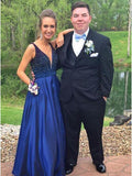 Hot Selling V-neck Floor-Length Royal Blue Prom Dress with Beading