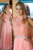 Nectarean High Neck Floor-Length Sleeveless Peach Prom Dress with Beading Lace Top
