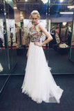 Nectarean Halter Sleeveless Sweep Train White Prom Dress with Printed Flowers