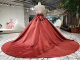 Red Ball Gown Satin Beading Bodice Prom Dresses, Quinceanera Dresses with Short Sleeves