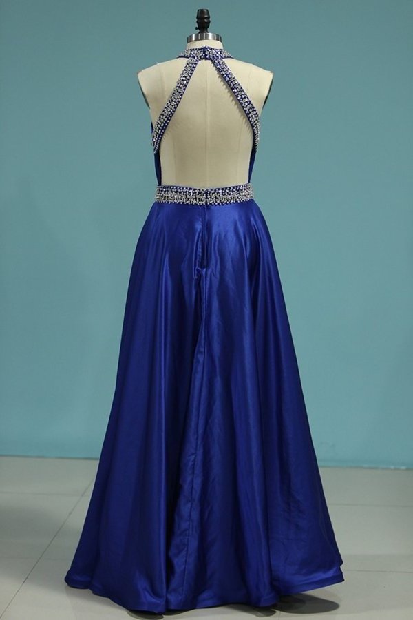 2022 New Arrival High Neck Open Back A Line Satin With Beading PEYP5LSG