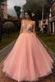 Pink V neck Tulle A Line Formal Evening Dresses Lace Applique Long Prom Dresses