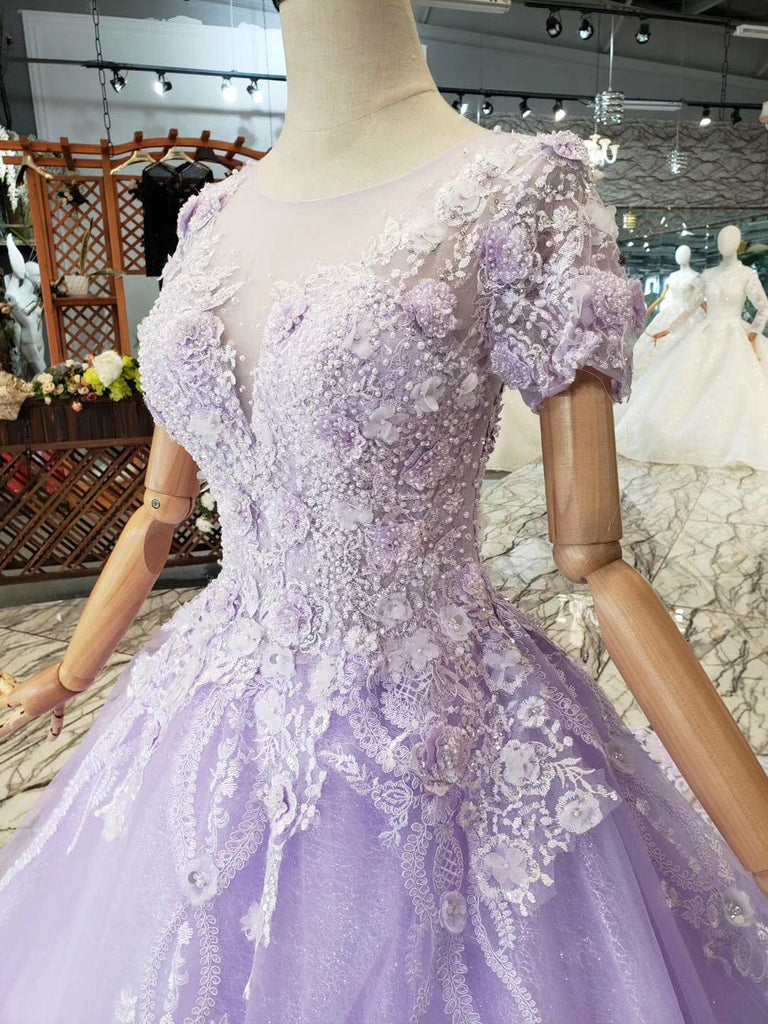 Ball Gown Short Sleeves Beaded Prom Dresses, Quinceanera Gown With Appliques
