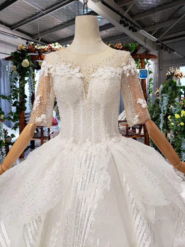 Beaded Long Ball Gown Wedding Dresses, Quinceanera Dresses with Short Sleeve