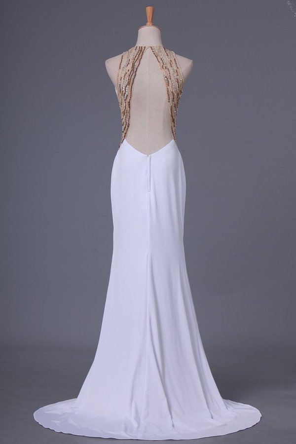2022 Prom Dresses Scoop Spandex With Beads And Slit Sweep PES886FG