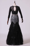 2024 Black Mermaid Evening Dresses Scoop Open Back Long Sleeves Tulle & Lace With PK5DE6KN