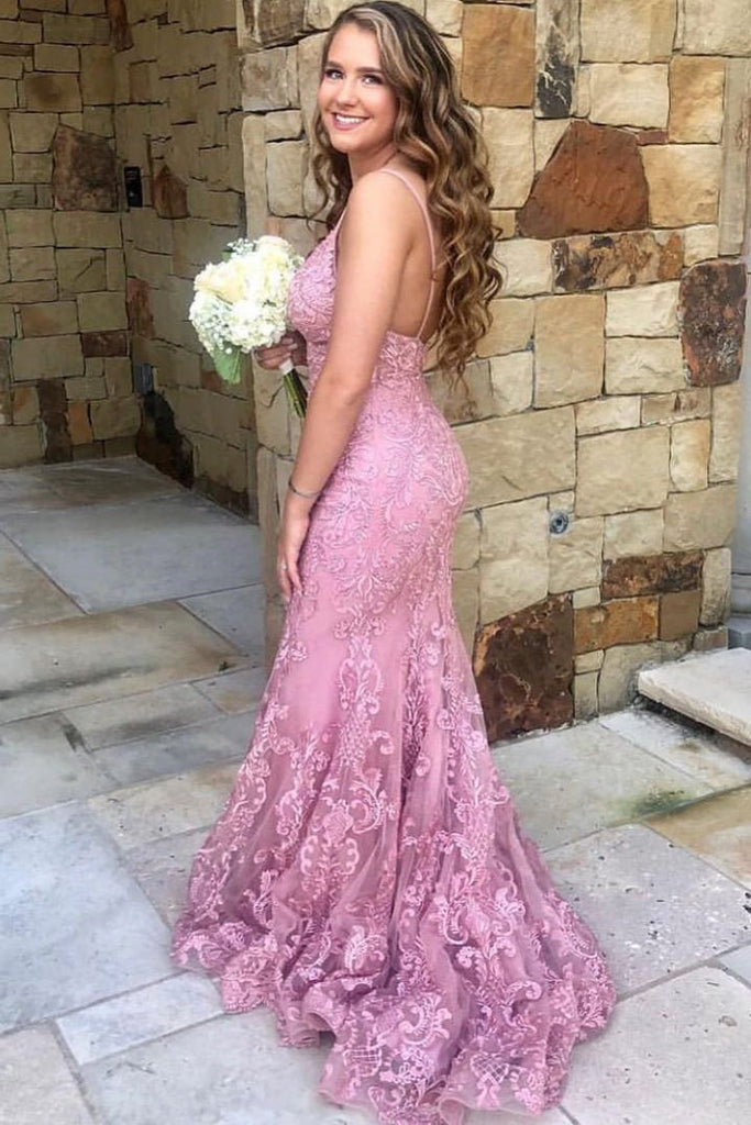 Spaghetti-straps Mermaid Lace Prom Dresses Pink Graduation Gown