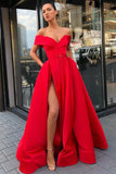 Off the Shoulder Red Satin V Neck Long Prom Dresses, High Slit Party Dresses with Pockets STG15271