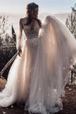 A Line Long Sleeves Ivory V Neck Beach Wedding Dresses with Lace Appliques, Bridal Dresses STG15491