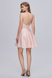 Pink V Neck Spaghetti Strap A Line Lace Up Short Homecoming Dresses
