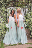 2 Pieces Tulle Ivroy And Mint Long Simple Cheap Elegant Bridesmaid Dresses STG15543