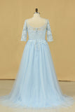 2022 Mother Of The Bride Dresses A Line Bateau Tulle With Applique And Sash Sweep Train Plus Size Light Sky P6HLNEAN
