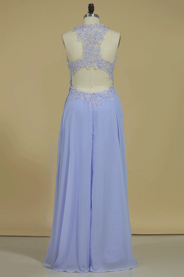 2022 Prom Dresses Open Back Scoop Chiffon With Applique And Beads Sweep Train A PM7JY5Q7