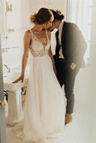 Elegant A Line Tulle Ivory V Neck Wedding Dresses With Pearls, V Back Beach Bridal Dresses STG15153