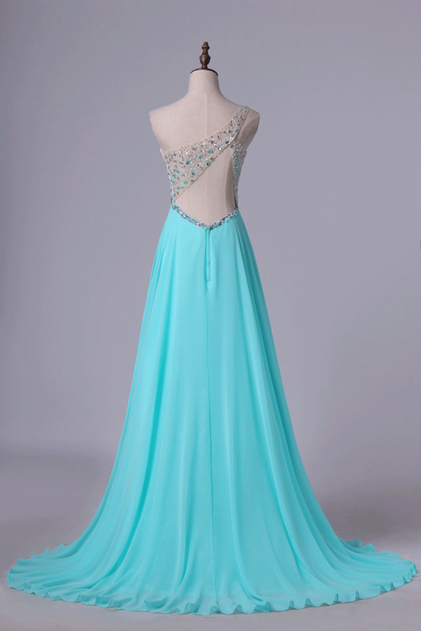2022 Prom Dresses A Line One Shoulder Tulle & Chiffon Sweep Train With PK4Q2PLC