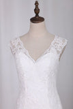 2022 Mermaid V Neck Wedding Dresses Tulle With Applique Chapel PH5GH3C7