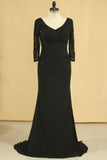 2024 Black Mother Of The Bride Dresses V Neck Chiffon With Beads 3/4 Length PGM8C2X3