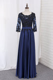 2024 A Line Prom Dresses 3/4 Length Sleeves Scoop Chiffon With Black Applique P8487QQH