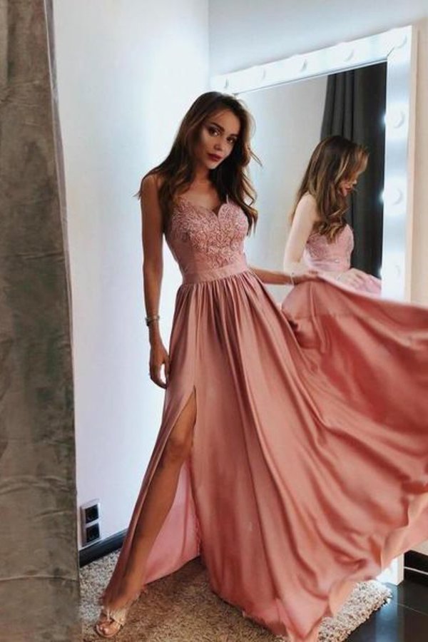 2022 Pink V Neck Long Prom Dresses Lace And Beaded Prom Dress With Slit PGDXYCTR