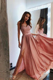 2022 Pink V Neck Long Prom Dresses Lace And Beaded Prom Dress With Slit PGDXYCTR
