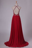 2024 Halter A Line Prom Dresses Beaded Bodice Sweep Train Chiffon & Tulle Open P2SGM753