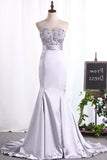 2024 Sexy Mermaid Elastic Satin Silver Prom Dresses Sweetheart Zipper P5EFRLHA