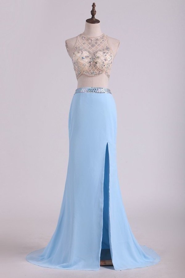 2022 Prom Dresses Scoop Sheath Two Pieces Chiffon With Beading And Slit Sweep P4Q3CMQS