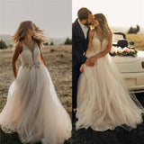 Spaghetti Straps Tulle Deep V-Neck Wedding Dresses, Romantic Bohemian Beach Bridal Dress STG15421