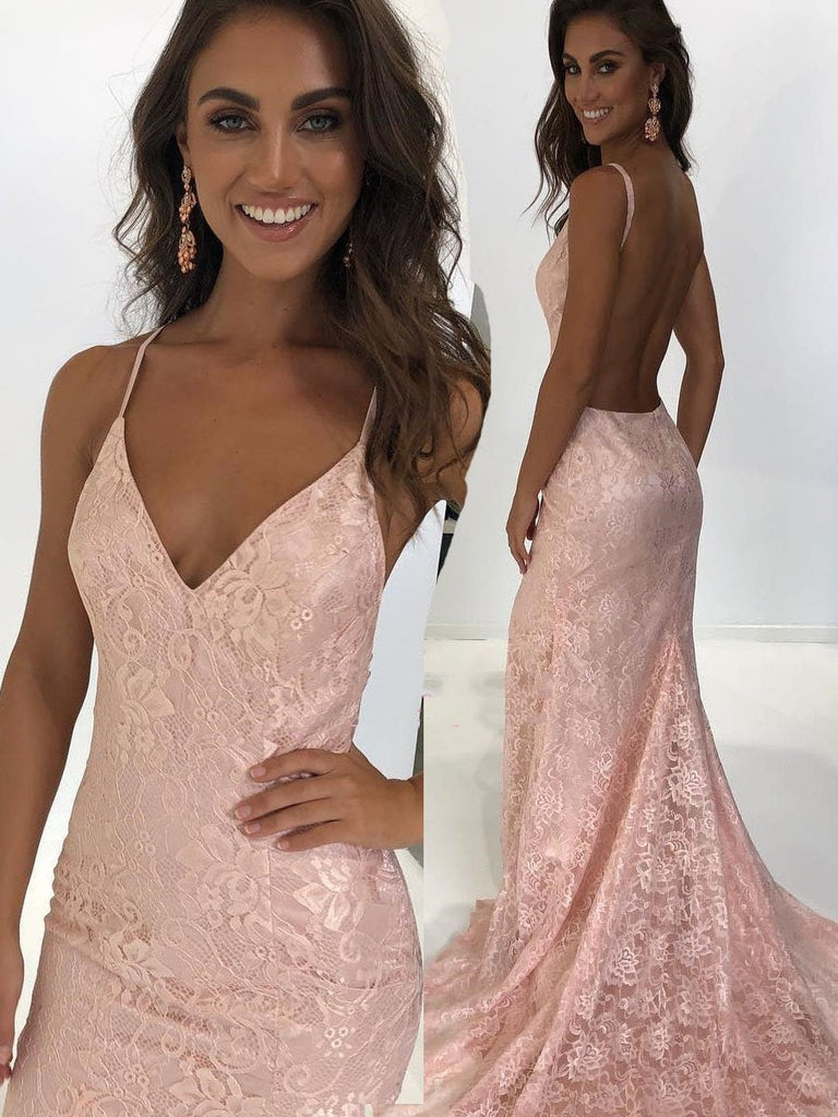 Pearl Pink V-Neck Lace Amazing Mermaid Long Backless Prom Dresses