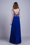 2024 Prom Dresses A-Line Scoop Floor-Length Dark Royal Blue Chiffon Beaded P6YLECKN