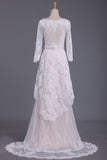 2024 Asymmetrical Wedding Dresses V Neck Mid-Length Sleeves With Applique And Sash PS7XESGJ