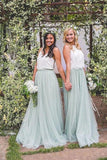 2 Pieces Tulle Ivroy And Mint Long Simple Cheap Elegant Bridesmaid Dresses STG15543