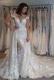 Gorgeous Cap Sleeves Sheer Neck Long Wedding Dress With Detachable STGPLAP8XH8