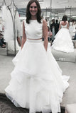Pure white organza tiered two pieces round neck A-line long prom