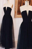 Strapless Black Long Tulle Prom Dresses Evening Dresses Prom Dresses