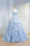 Puffy V Neck Sleeveless Tulle Prom Dress With Appliques Quinceanera STGP4EM4EZY