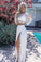 White Two Piece A Line Jewel Neck Long Sleeve Lace Side Slit Prom Dresses