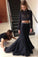 Black Two Piece Trumpet Sweep Train Long Sleeve Beading Prom Dresses