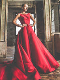 Elegant A-Line Red Simple Cheap Round Neck Cap Sleeve Backless Long Prom Dresses