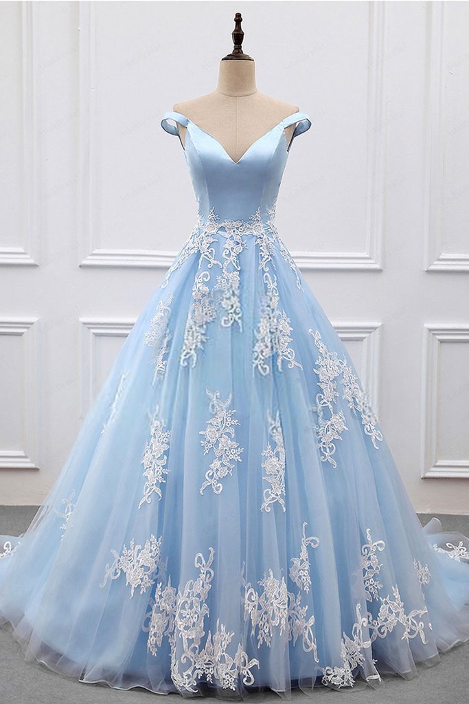 2022 Sky Blue Appliques Charming Ball Gown Off-the-Shoulder V-Neck Prom Dresses