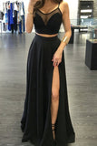 Black Two Piece A Line Floor Length Sleeveless Side Slit Chiffon Prom Dresses